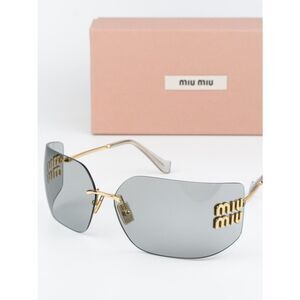 NEW Miu Miu MU54YS 5AK30B Gold Light Grey Wraparound Rimless Women Sunglasses